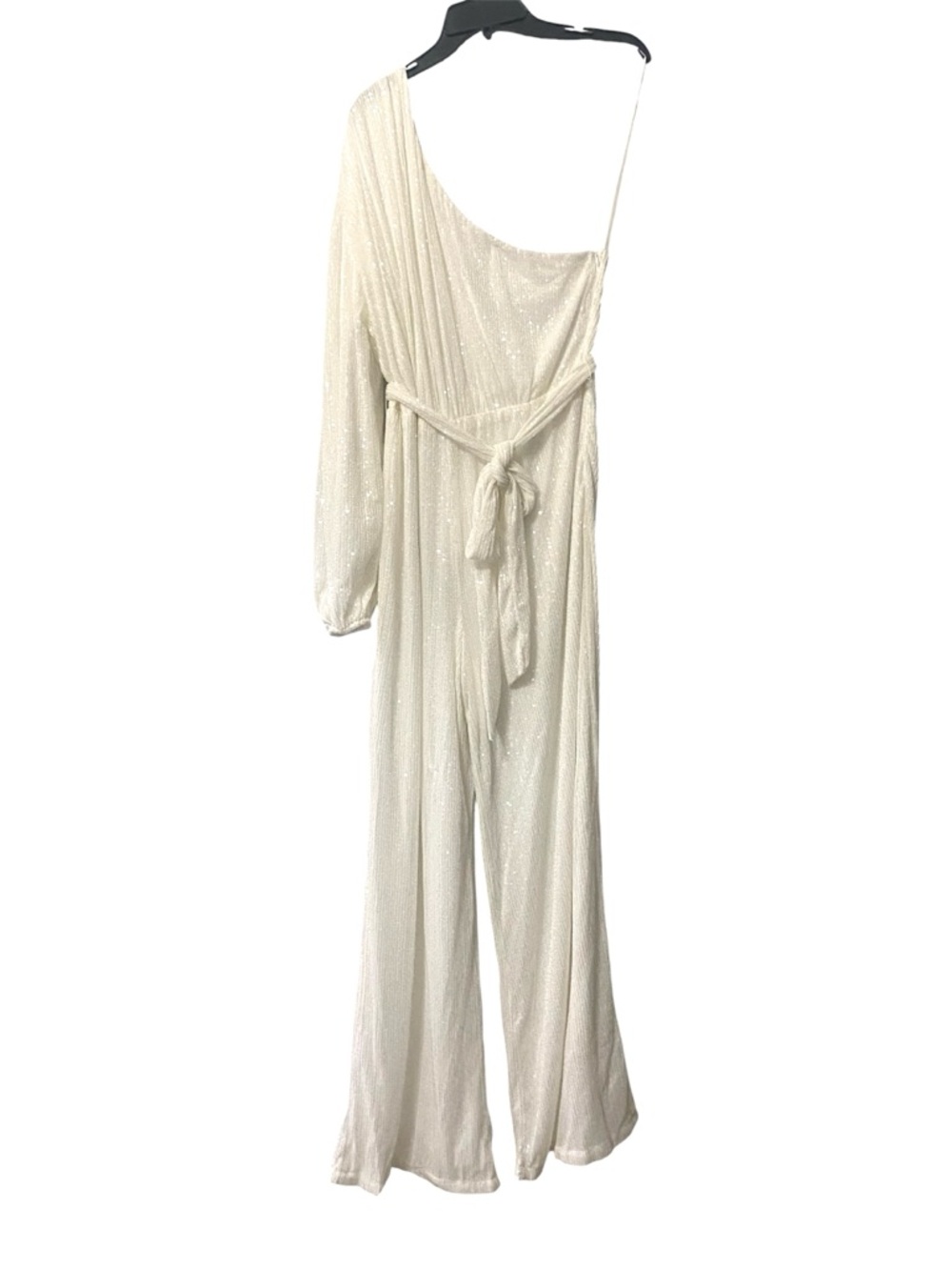 One-Shoulder White Sequin Jumpsuit with Tie Waist - Picture 3 of 7